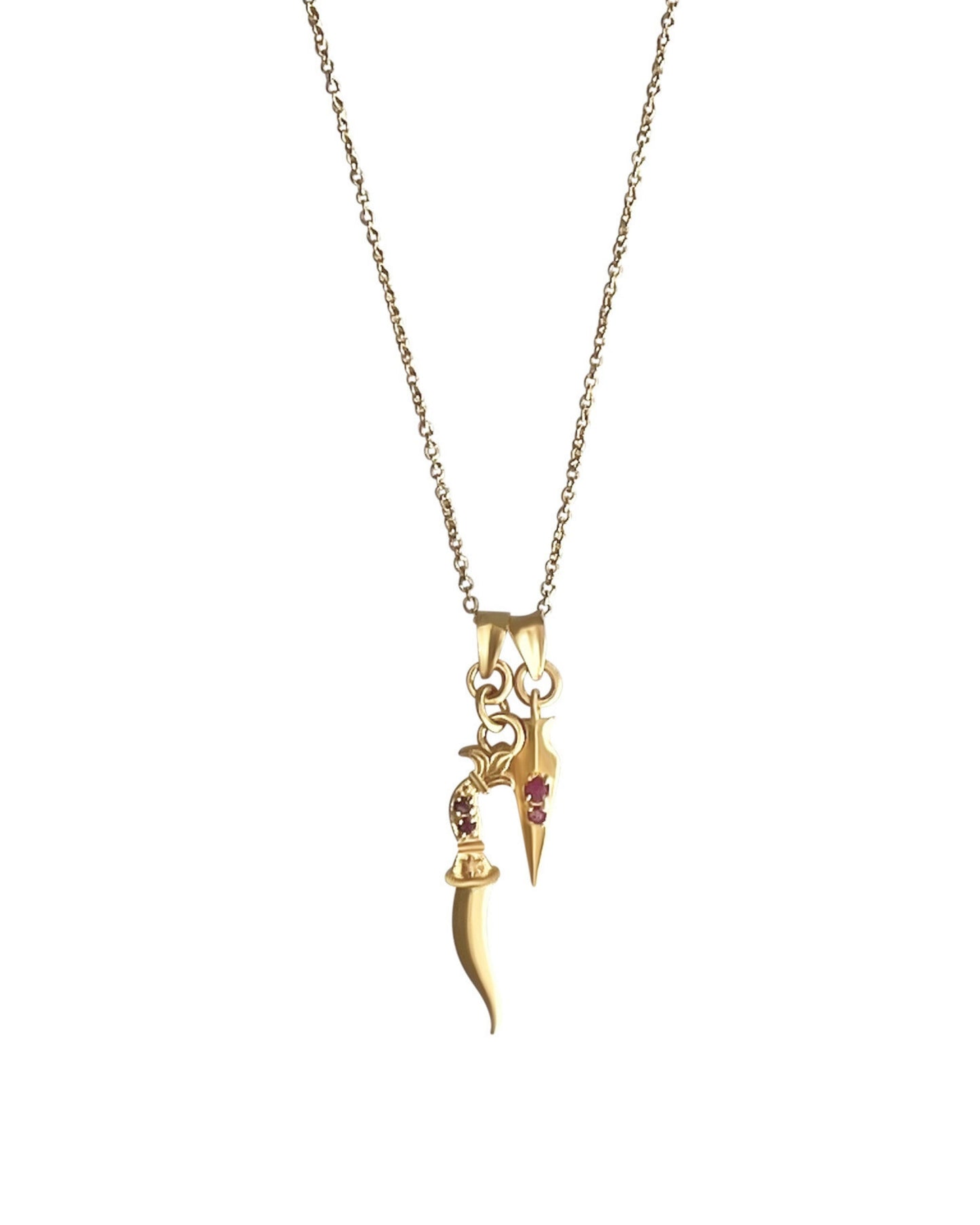 Gold dagger & arrow necklace with rubies