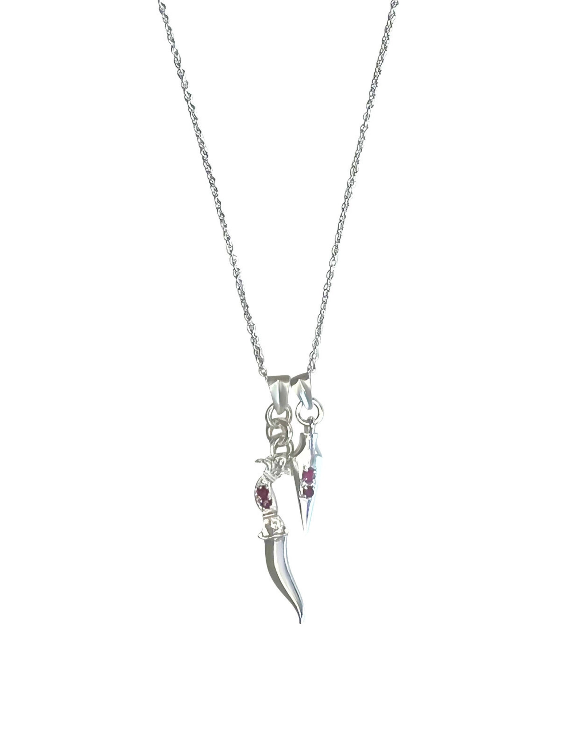 Silver dagger & arrow necklace with rubies