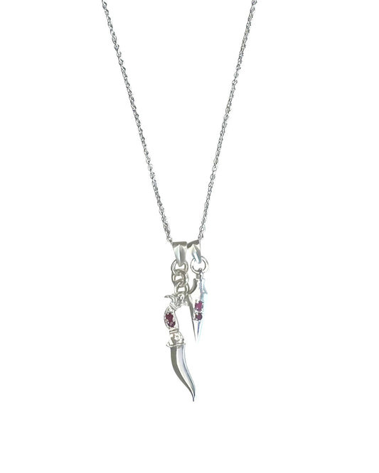 Silver dagger & arrow necklace with rubies